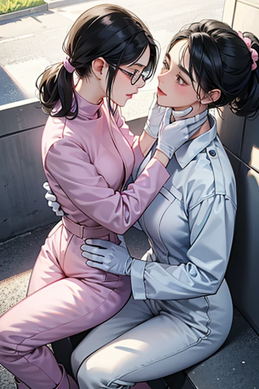 Wearing large pink rubber gloves, white rubber boots and a white cloth wrapped around her head、Two mature women with glasses and black hair tied up in blue long sleeve jumpsuits making love in a dirty public toilet