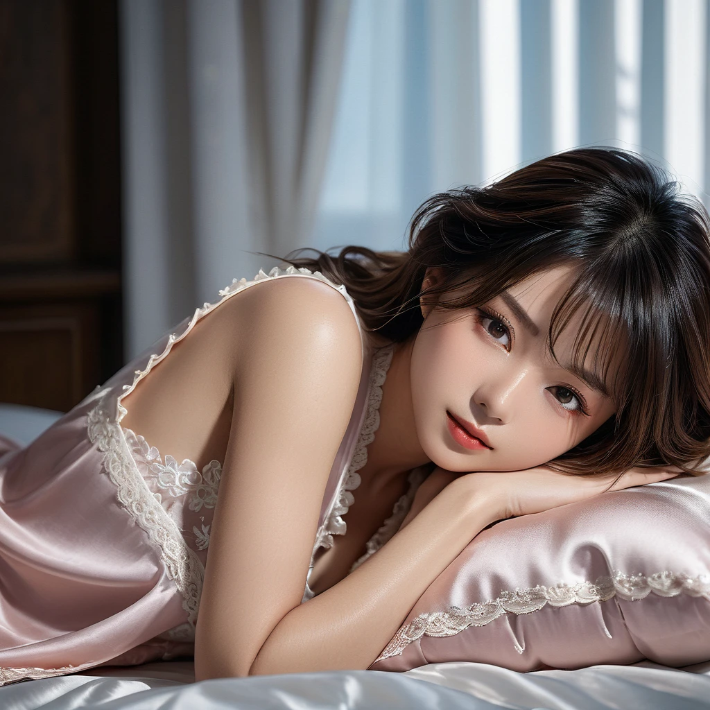 in 8K、top-quality、masterpiece、ultra-detailliert、Ultra-high resolution、((1 persons))、girl with、A dark-haired、Medium chest、Tear bag、二重まぶた、a bed、robe blanche、bare shoulders