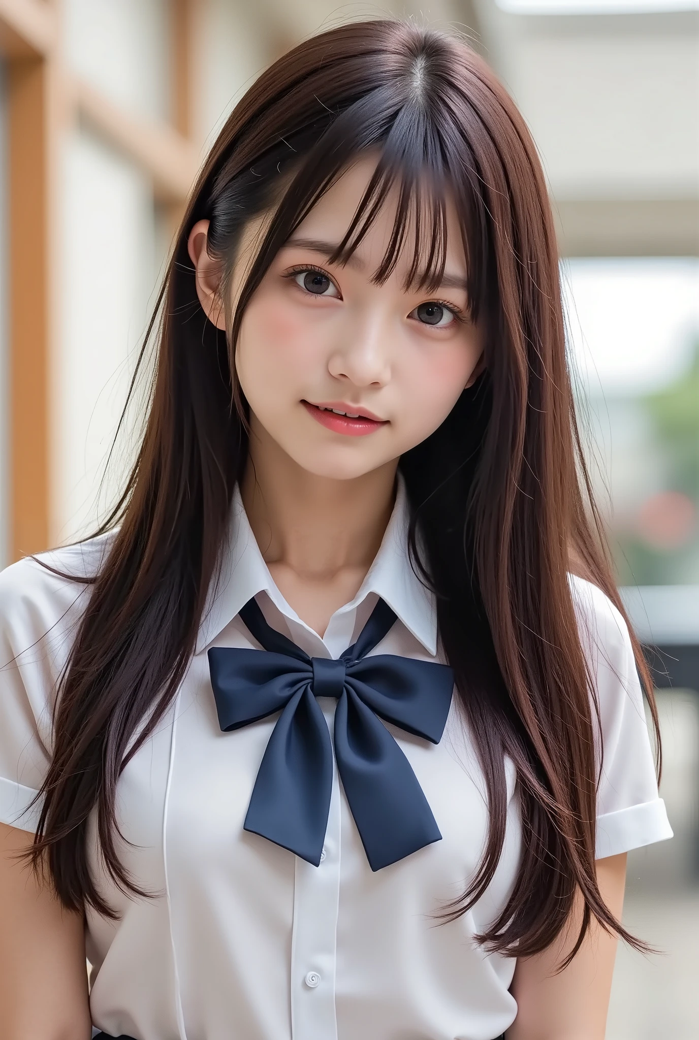 Neat Young Woman、、Women's High Uniform、tights、loafers、Overall photo、smile showing teeth、、 and look at the camera、 pale brown hair、 the background is a classroom