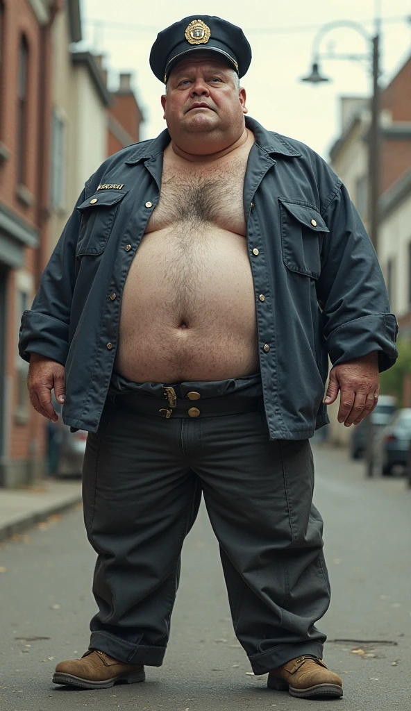 Middle-aged man Bankrupt Fat big belly Sadly face Smoking from the side Full body Horse coat Loose torn pants Cigarette in hand Holding a mobile phone --auto --s2