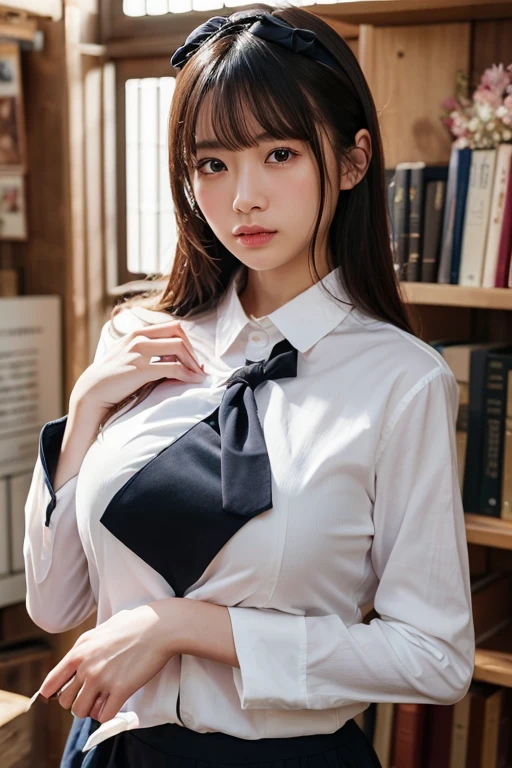 Highest quality、Ultra-high resolution、Professional Lighting、Detailed Background、workroom、full body,Kobeni-chan、A sloppy smile、25-year-old woman、beautiful girl、(Kobeni-chan、Jet black hair, Black Hair, bangs, One-sided hair,)、(Red Hair Clip:1.1)、(White shirt:1.2)+(Black tie:1.2)+(black long pants for work:1.2)、(Huge breasts that look like they might burst:1.2)、(Big thighs:1.1)、Are standing、Model pose