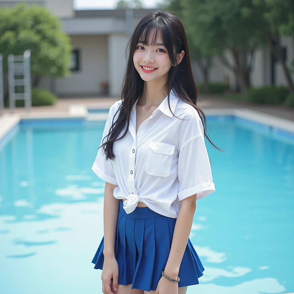 (8K), (Best Quality: 1.2), (Realistic), (Photorealistic: 1.37), Ultra High Definition, 1 Girl, Cute, Smile, Closed Mouth, Beautiful Details, Beautiful Nose, Full Body, Wet Hair, Colossal Dalsefo, Pork, , Thighs