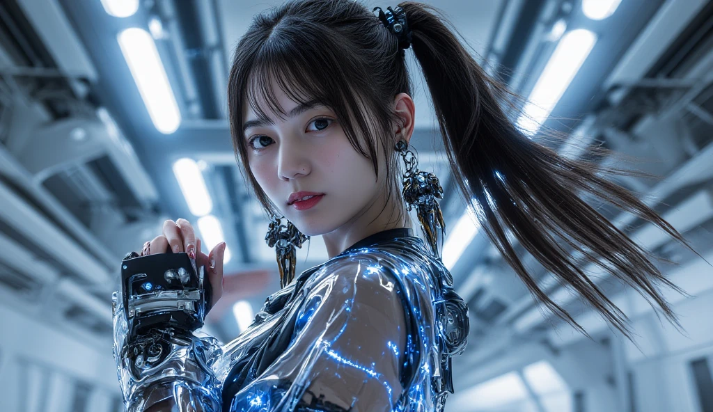 Browsing Caution,((Highest quality、In 8K、masterpiece:1.3))Wearing a silver-white mechanism,A girl with a beautiful face,Best image quality,Ultra Clear,The facial features are delicate and clear,Armageddon,Mechanical Arm,Exquisite detail,(Clatter toes)、Machine Pattern,cyber punk,Hmph