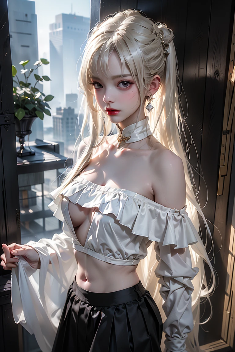 (extremely detailed CG unity 8k wallpaper), (((masterpiece)), ((best quality)), ((extremely delicate and beautiful)), realism, very pretty girl, masterpiece, best quality, T-shirt, skirt, neon lights, Rococo, Facial skin comes to life、exquisite, 8k wallpaper, black ribbon, White bow, real, The original, long hair,white hair, goth, gloves , accessories, jewelry, Ribbon necklace, period, wristband, seductive smile, Excited, heart shaped pupils, look up, look up, permanent, extremely delicate and beautiful, Dynamic angle, Navel exposed, head tilt, Expand, fighting stance,