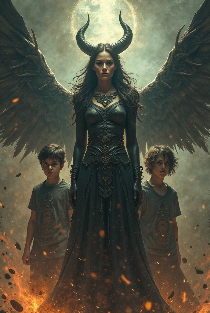 A dark man with wings and his 3 daughters