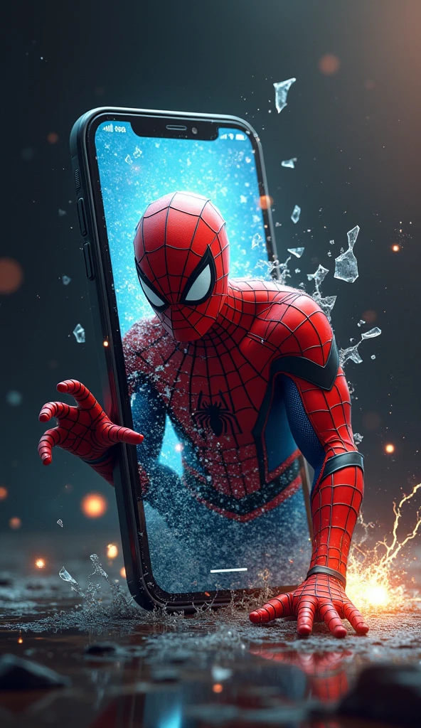 fantasy style. New smartphone with a 3D screen. Spiderman appears from the phone screen, half of the body is already out of the phone, and her hand is extended to the viewer, The phone is in angular perspective, On the table, A sci-fi ivory effect is created, with vector breaks, effects of broken glass and explosions.