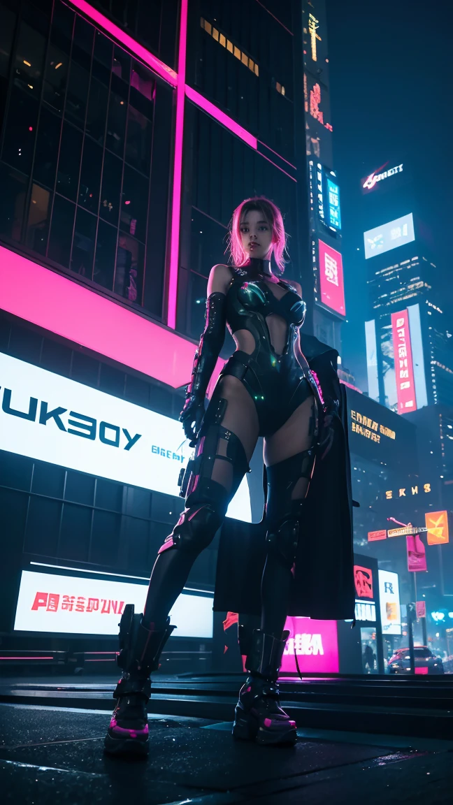 (masterpiece, top quality, best quality, official art, beautiful and aesthetic:1.2),(1 Sofia Boutella cyberpunk girl:1.4),([pink|blue] hair:1.5),((extreme detailed face)),(fractal art:1.3),(colorful:1.5), ((highly detailed face)), hyper detailed,(Mechanical modification:1.3), Maiden, (complex mechanical conduit in back:1.5),(neon background:1.4),(neon city:1.75),night,(large breasts, thigh gap, camel toe), (gothic_lolita:1.2),high heels,(:0.75),heavy makeup, (cyberpunk:1.4),((looking at viewer:1.3)), ((cowboy shot)), NSFW, ((facing camera)).