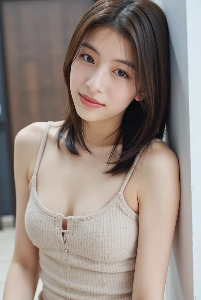 (1 woman:1.99)、(Wide forehead、Very short hair、Very small amount of hair、Forehead、Fuji frame:1.1)、Sunburn、17 years old、Naughty、Happy expression、満面のsmile、Weakness、love、I feel very comfortable alone、(Summer Course: 1.5),((Very sleepy、Improves skin texture,smile、Narrow eyes、Very weak eyesight、Very weak eyeliner、Eyes slightly closed、I know the shape of your head、Oval Face))、(slicked back hair:1.25)、Photographic, Raw photo, Mastepiece, Highly detailed photos, Digital SLR, Photo-realistic 1.4, Super hello nothing, Best Quality,(Elbows on the desk、tilting your head、whole body:1.7)