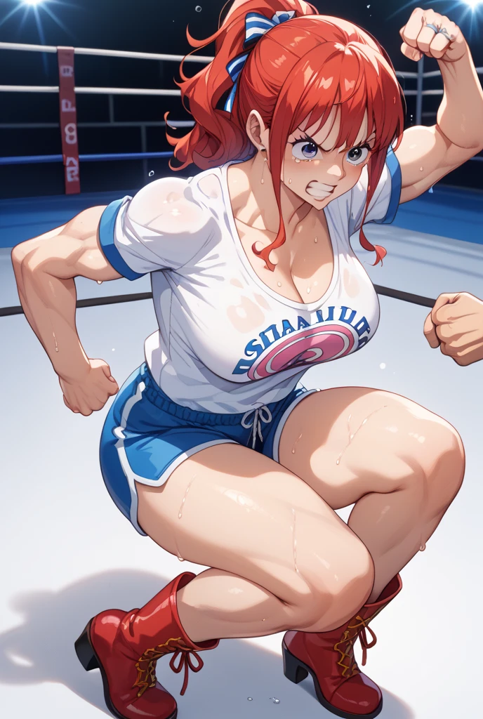 Ranma saotome, cabello rojo, pelirroja, rubor, concentration face, muslos, cintura estrecha, pechos grandes, cadera ancha, ricos pechos, escote prominente, pechos grandes, escote, cuerpo completo, pose vulgar, escote grande, pezones ricos, vulgar, pechos vulgares, escote muy grande, ropa deportiva, boxeando, peleadora sexy