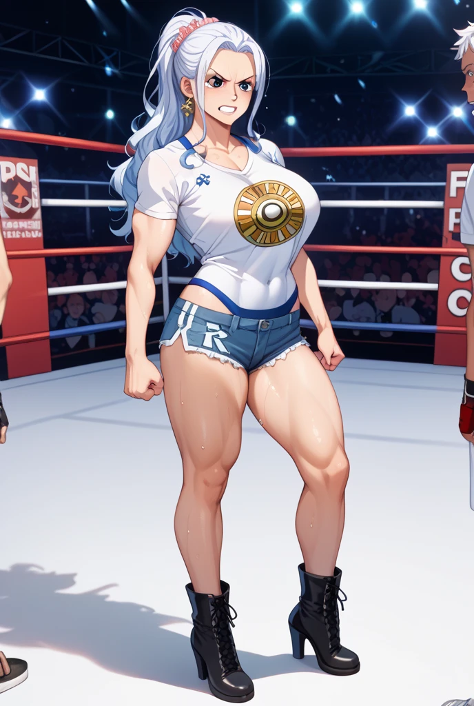 A woman wearing a cheerleader outfit, purple eyes, silver hair. on a baseball field, muscular.