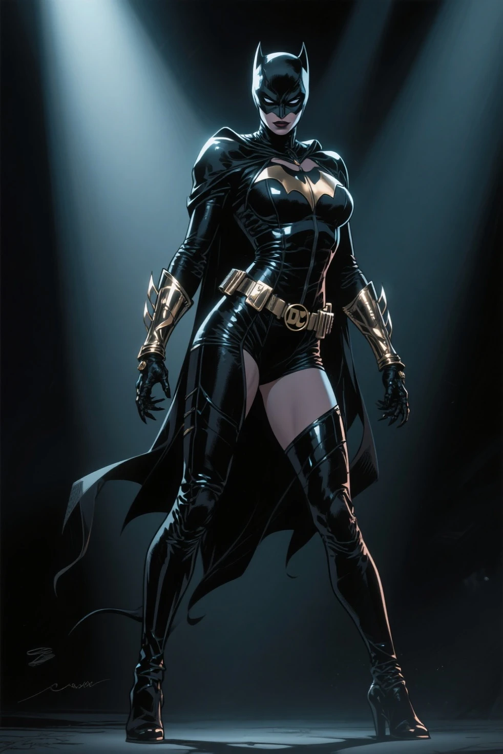 ultra realistic 8k cg, picture-perfect face, flawless, clean, masterpiece, professional artwork, famous artwork, cinematic lighting, cinematic bloom, perfect face, beautiful face, beautiful eyes, ((perfect female body, narrow waist, huge breasts)),absurdly long hair, very long hair, pattern, sexy, charming, alluring, jim lee,1girl, (batman uniform: bat signal, batman utility belt, cape, city, cloud, cloudy sky, gloves, lens flare), ((batgirl mask)), night, outdoors, rain , serious, sky, solo, spotlight, (superhero) , thick thighs, thighs, batgirl black boots, black leggings batgirl, seductive, erotic, enchanting, areola_slip, ( background with depth, blurred background), (masterpiece: 1.2) looking at viewer, blush, very detailed, (PureErosFace_V1:0.7), (cameltoe:1.2), (hourglass figure) , (ulzzang-6500- v1. 1:0.6), starry,starlight,night,