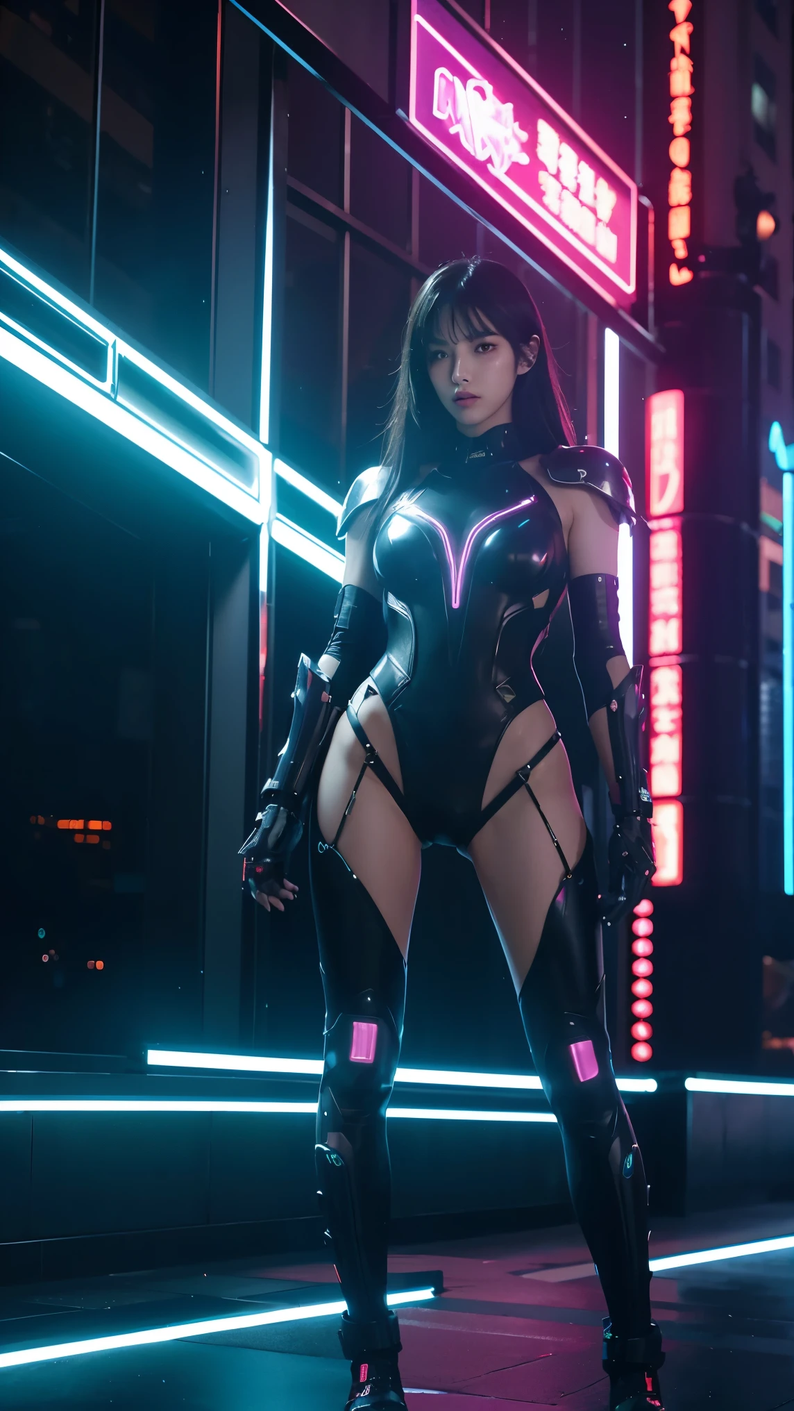 Create an image of Vi in her newest skin, 'Cyberpunk Enforcer,' massive k-cups,from League of Legends. She’s clad in a futuristic, neon-lit armor with high-tech gadgets and glowing accents. Vi is in mid-action, using her 'Vault Breaker' ability. Her mechanical gauntlets are charged with bright, electric energy as she slams the ground with a powerful punch, sending shockwaves through the environment.
