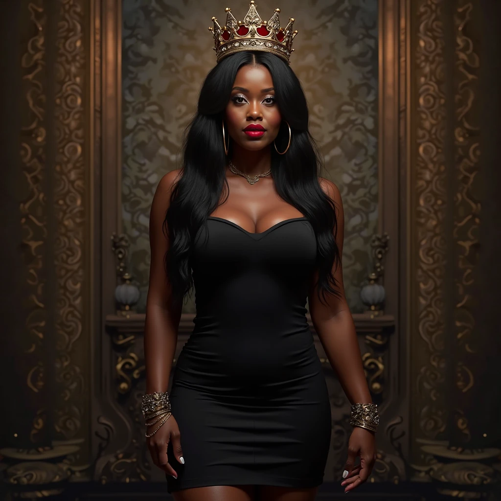 She is wearing a crown on her head , fully body, full scene (Black-skinned woman Beautiful brunette with a perfect body, beautiful, big, perfect breasts, wide, thin thighs, perfect, everything perfect,) ((Art Style Full Length View, full-featured))characteristics (Purple and black straight hair style, wavy, prisoner, Loose) ( clothing style wearing black and purple dress) ( Full body tattoo style) .8K uhd, high qualiy, volumetric light, photoshot, high resolution, 4K, 8K
