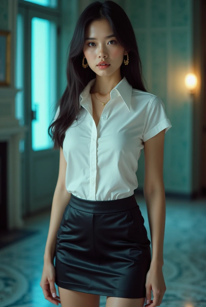 araffe sitting on a chair in a room with a window, smooth white tight clothes suit, office clothes, white silky outfit, sexy style, wearing a blouse, high-waist-black-skirt, wearing elegant casual clothes, white blouse, fine white shirt, wearing tight simple clothes, dressed with long fluent clothes, elegant clothes, white and black clothing