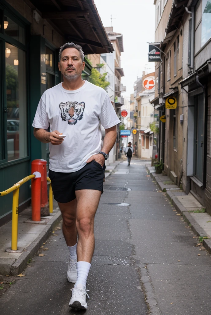 1 person,In the countryside,dark,evening, Front view, (looking at the viewer,60歳male性、male,Bald,Japanese,Tank top, bottomless,geta,Male White Briefs, sweat vapor,embarrassing,squat,bare foot,pee,),Women&#39;s stories