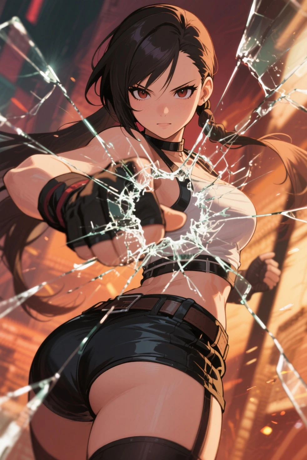 score_9, score_8_up, score_7_up, source_anime, 1girl, solo, (female:1.5), female focus, kyo_nest, brown hair, long hair, brown eyes, black shirt, blue pants, chain, cleavage, off shoulder, sleeveless, fingerless gloves, fighting, stance, standing, pout, looking at you, coliseum