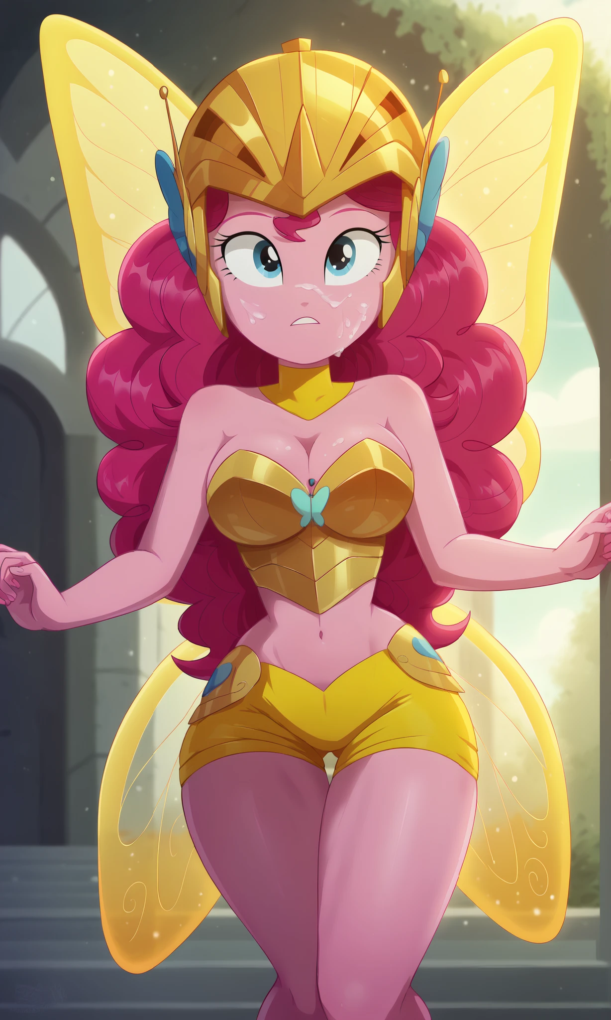 ((masterpiece, detailed image, soft skin, ), (pinkiepie)1 girl, pink skin, pink hair, curly hair, blue eyes, butterfly armor, armor, jumpsuit, butterfly (armor), butterfly wings, gradient, helmet, insect wings, thighs, turtleneck, winged helmet, wings, yellow wings, zettai ryouiki, wide hips, thick thighs, cleavage, large breasts, bare shoulders, navel, belly, flying, magic ((focus on face)),
, SciTwi EQG, pink hair, pink skin, ((ransu33 art style))
