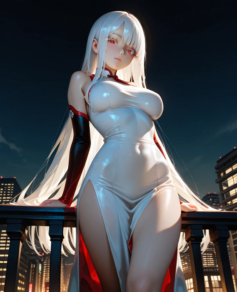 1 Girl,city View, night, looking at the audience, Red lips，Collar，Become a, Large Breasts，White lace bikini,Cowboy shooting, white hair,