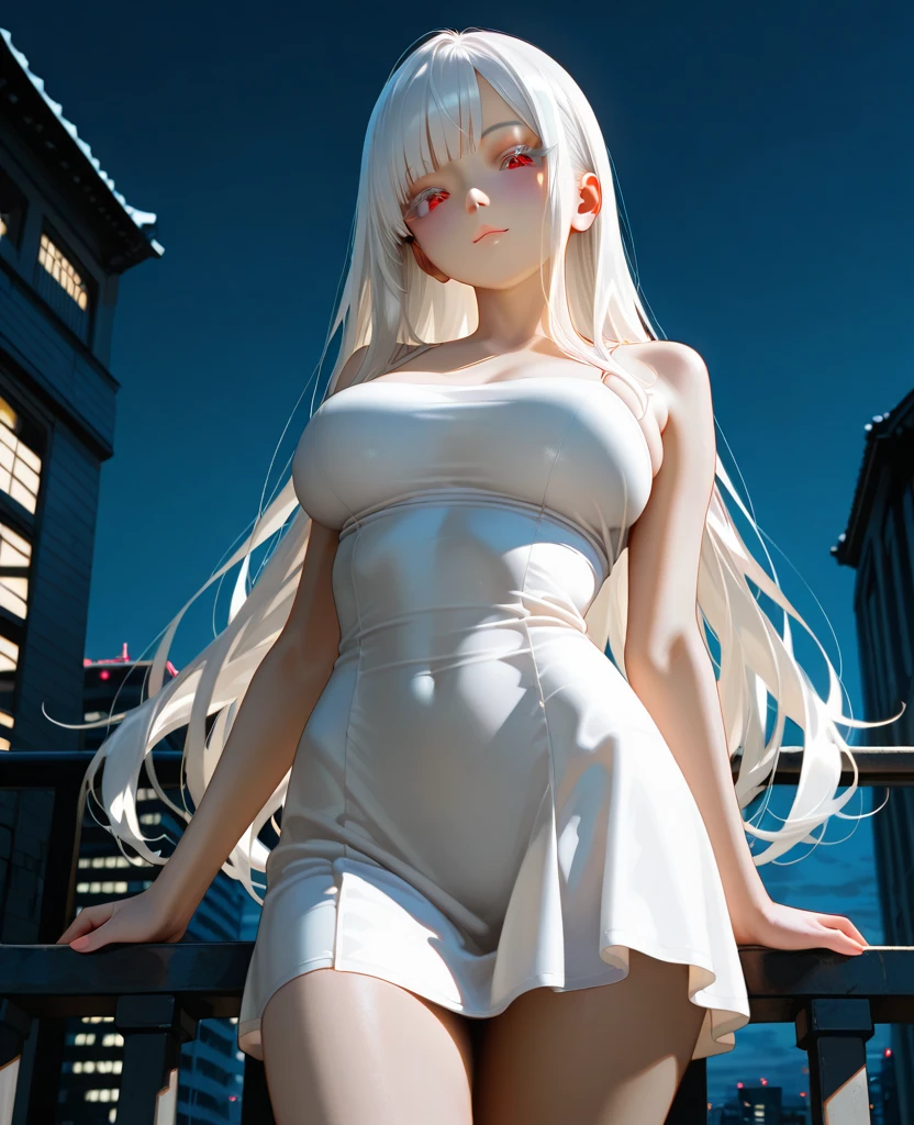 3D anime style,14-year-old girl(Red Eyeilky white long hair,Long eyelashes,White skin,Pure white dress,Huge Breasts,)
