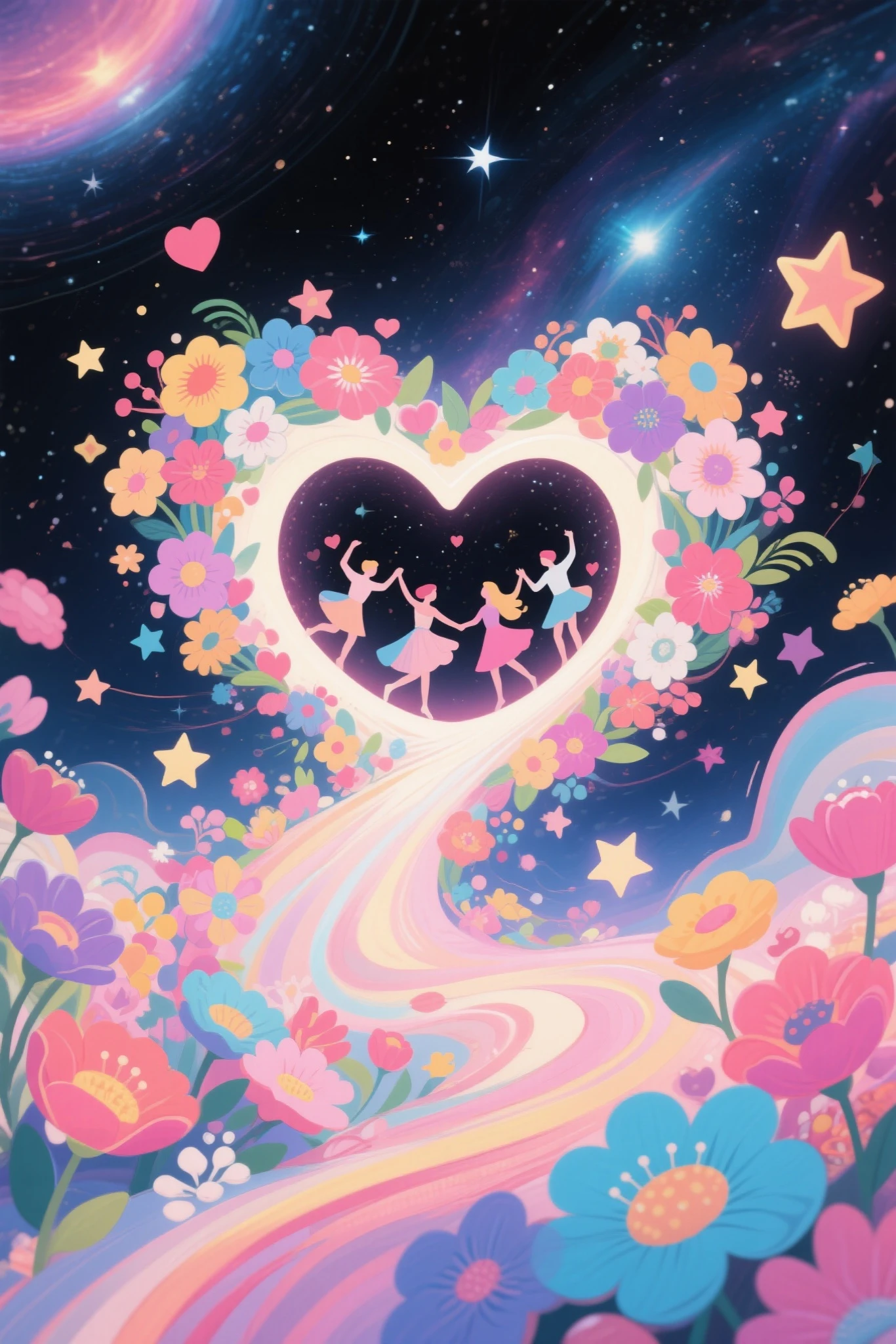 abstract, feminine, flowers, stars, colorful, portal, love, outer space, dance, happy, sophia freimuth style