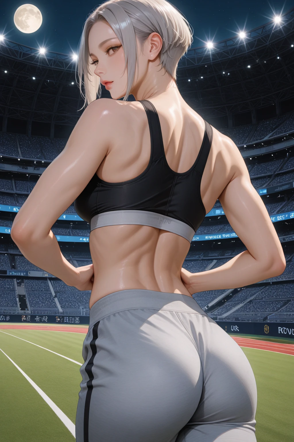 Composition seen from behind,back view,highly detailed images, 8K quality, european junior high school girl, beautiful girl, blonde, short hair, small breasts, beautiful feet,slimming, blush, Outside the athletics stadium, crawl on all fours, Butt is the main character,stick out your butt, Open your mouth wide and stick your tongue out, white skin, A frustrated look on his face, looking at the camera, My whole body is covered in sweat,white tank top,raise one's hips,Knee Stretch