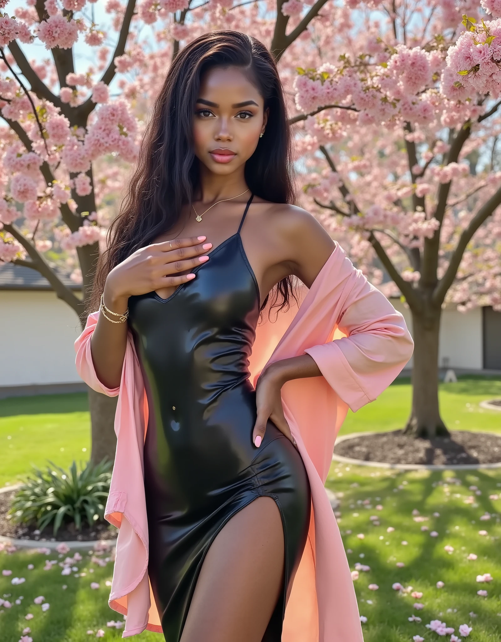 bi-racial woman with olive skin wearing a black satin slip dress with an soft pink satin knotted shirt worn over it, one hand resting on her chest, (((no cleavage:2.0))), perfect smile, posing in a japanese park, cherry blossom trees in background, sunshine, godrays