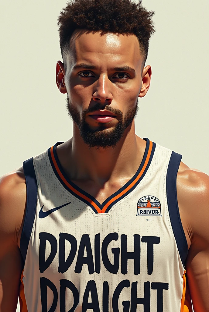 "Make a picture of Curry holding the Clipper shirt in his hand ( that the last name of the shirt is LUIYI and the number of the shirt is 21 