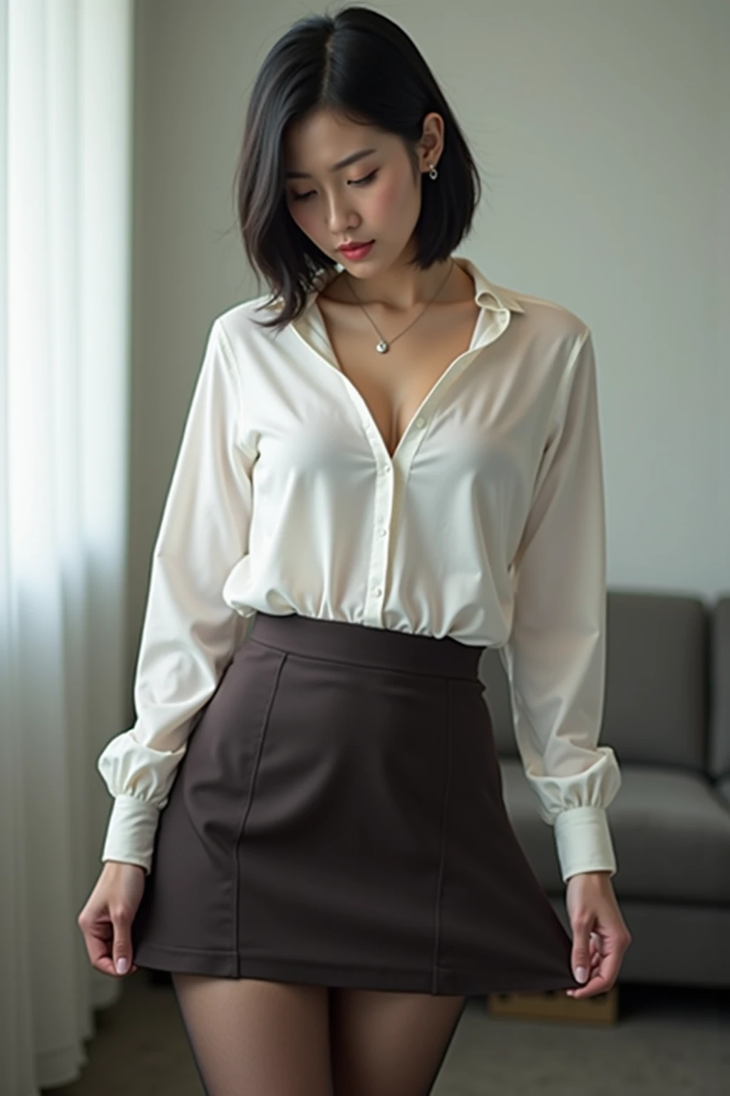 [[((young attractive Asian woman:1.5)), ((Sophie Tan:1.4)), standing in a luxurious first-class cabin, with her back to the camera. She is wearing ((a very tight flight attendant uniform with a short skirt that has blown up, exposing her buttocks, paired with a fitted blouse and high heels:1.3)). Her hair is styled in a sleek bun with a neck scarf, and she has a seductive, intense gaze over her shoulder. The background features plush seating, soft lighting, and elegant decor. The scene is captured with a ((high-resolution mirrorless camera:1.3)) using a ((35mm prime lens:1.3)) for a balanced perspective. Post-production enhances the soft lighting and adds a ((soft bokeh effect:1.2)) to the background. The image should be in ((8K resolution:1.2)) with ((hyper-realistic detail:1.4)). The backdrop highlights the luxurious first-class cabin with detailed textures of seats and decor. The focus is on the woman's blown-up flight attendant skirt and seductive, intense gaze. Soft, ambient lighting is used with enhancements to create a warm and inviting atmosphere, with a ((soft bokeh effect:1.2)) on the background, enhanced vibrancy, and high contrast to make the scene pop. She is standing with one hand on her hip, looking seductively over her shoulder, exuding confidence and allure, embodying sexy flight attendant chic.]]