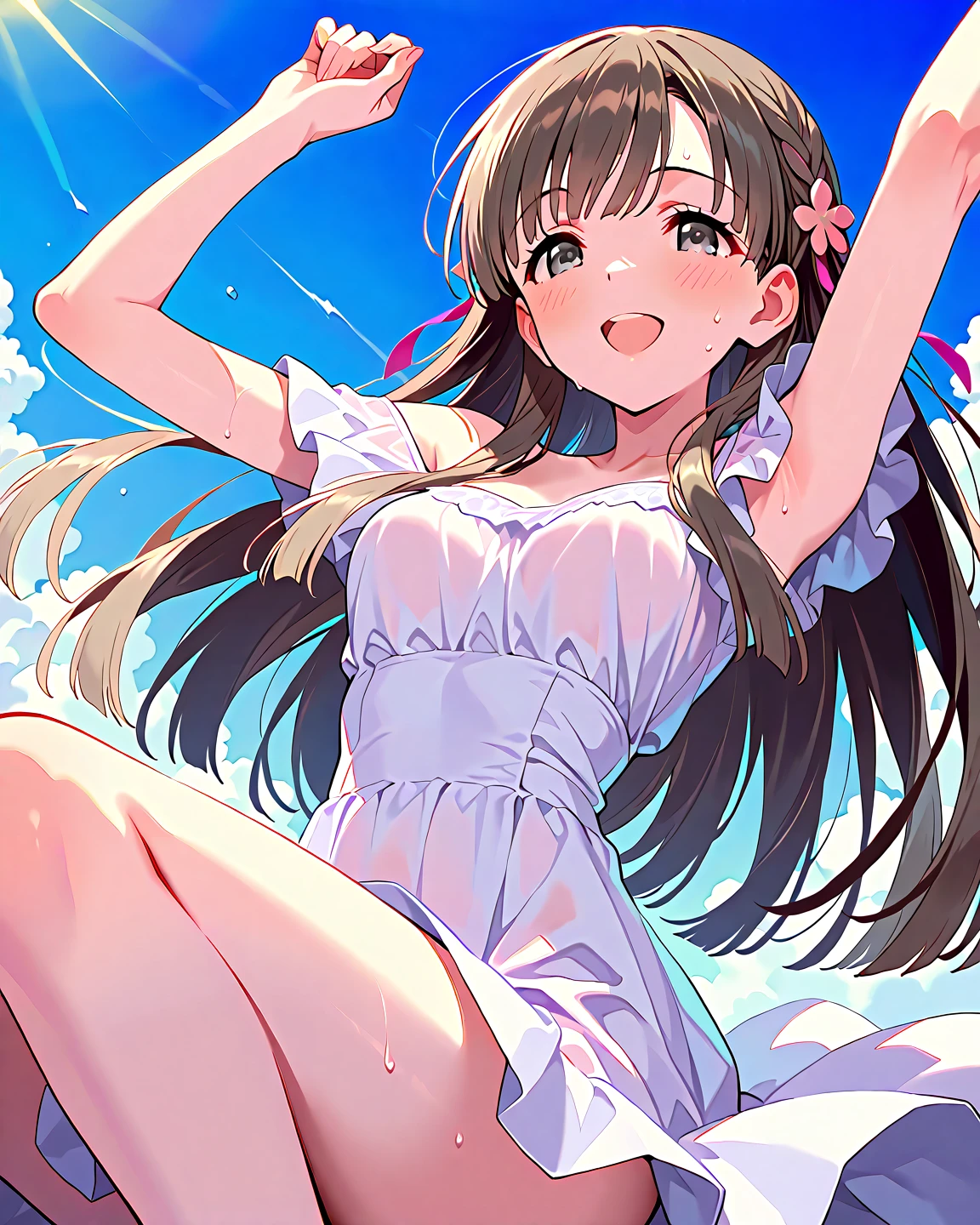 <lora:sakuragi:0.8>,sakuragi,smile,open mouth,thighhighs,one eye closed,sky,cloud,tears,water,white thighhighs,ocean,lens flare,sunset,