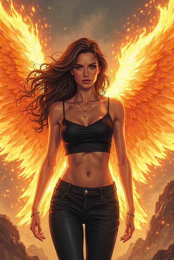 Woman age27 hair color brown wear tubetop black and wear skirt black skin color tan have phoenix wing using a power phoenix force Make it in marvel comic panel