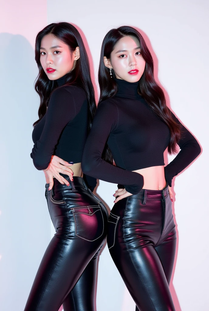 irene1, Sexy Korean woman wearing tight leather pants and crop top, corpo magro e em forma com tatuagens