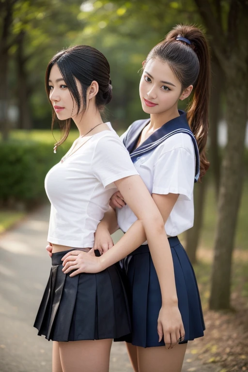 two girls standing in the park,Plain white school gym shirt with navy blue trim,Navy blue speed briefs,Red headband,White headband,18-year-old,bangs,The mouth is half open,Thighs,knees,Straight hair with barrette,From below,Front light, White panties visible through the skirt、((Lift the hem of the skirt with both hands to reveal the panties))、The simple cuteness of a celebrity-like face