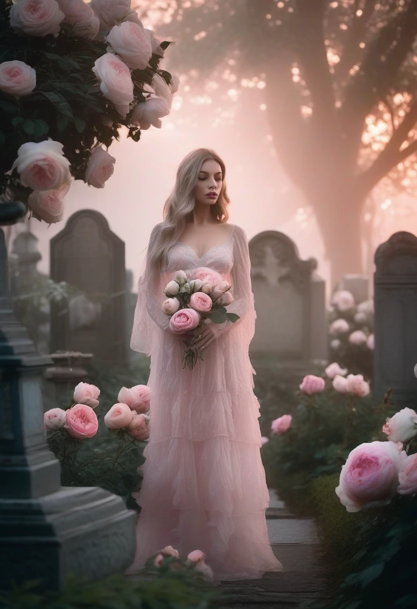 masterpiece, best quality, topless scared sinner with a large nipples under a sheer nightdress, kneeling pose, gold hair, looking at viewer, adult, holding red roses, ancient cemetery, horror