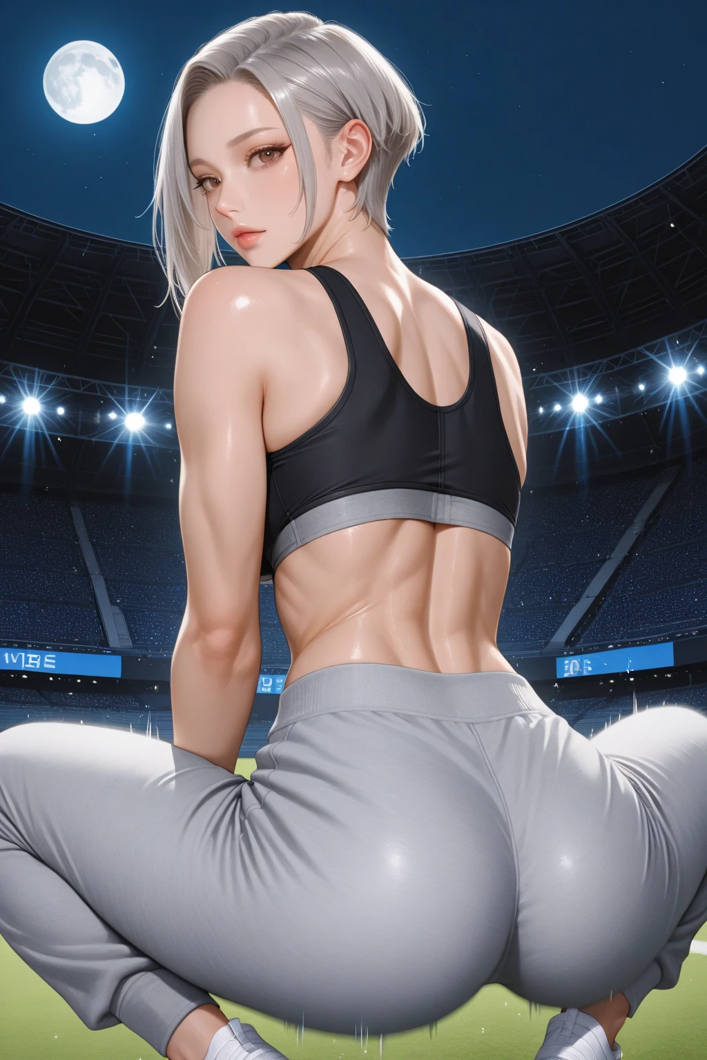 realisticlying,extremely detailed CG、high resolution、absurderes:1.8、detailed background:1.3、beautiful detailed hair、detailed eyes:1.6、、、、、、 1 girl, track and field player, shiny skin、beautiful body、 ((buruma、 sleeveless track and field Tank top、attractive thighs、big breasts, from behind))、(track and field cort, light smile), gray hair