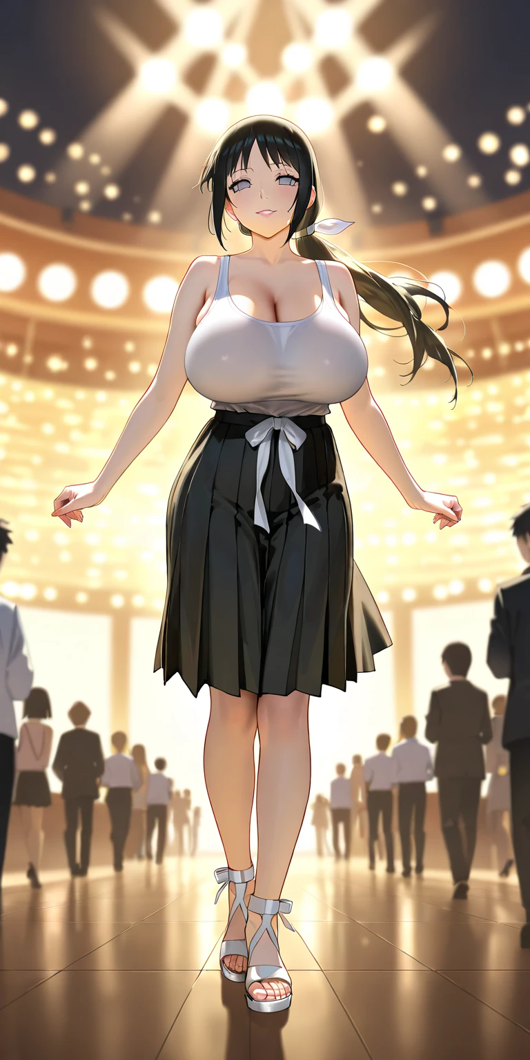 Ryouna_(Senran Kagura), heterchromia, beautiful girl with fair skin, blonde hair, wearing a lustrous black dress that highlights her wide hips, wide shoulders, and big breasts, cleavage, and big ass. She is wearing open-toe heels with red painted toenails and nails. She is a tall girl standing in a crowd, with an ethereal, score_10, ballad-like atmosphere, in a 2.5D style.