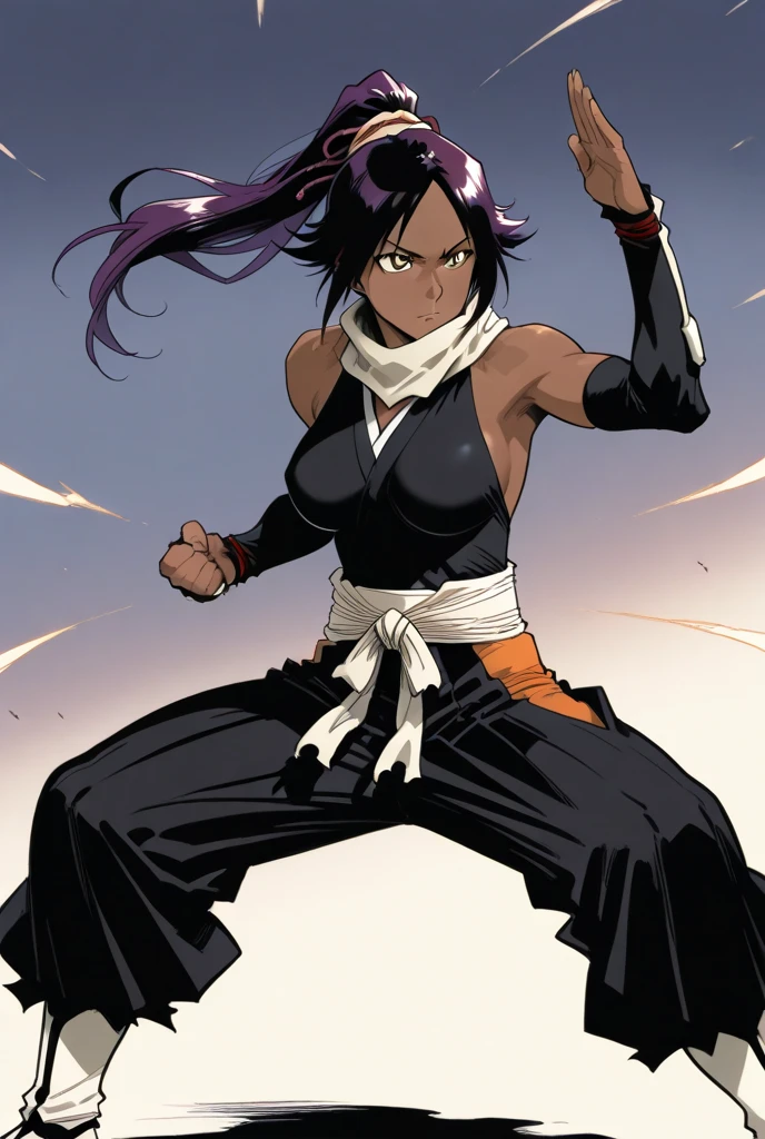 1 woman, yoruichi shihouin, dark skinned, long dark purple hair, ponytail, ((detailed eyes:1.2)), wearing tanktop, sexy, sensual, sleeveless, underboob, masterpiece, top quality, best quality, official art, beautiful and aesthetic:1.2), extreme detailed, colorful, highest detailed