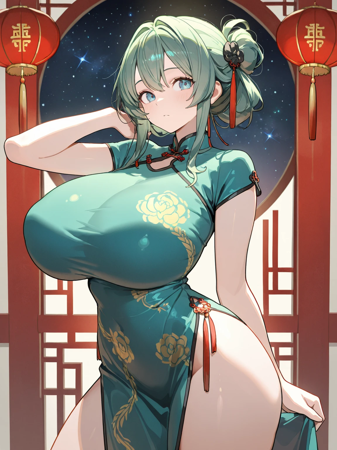 ((Cute girl in random color cheongsam)), Short sleeve, ((Highest quality, masterpiece, Ultra high definition, High resolution)), Anime Girls, ((Ultra-detailed illustrations:1.2)), Just One, bangs, Hair between the eyes, Green Hair, Beautiful Hair, Random color eyes, Shining Eyes, Eye highlights, ((Fine grain:1.2)), ((超Huge胸:1.3)), ((Shaking breasts:1.3)), Motion Blur, ((Add a blur effect to the chest:1.3)), Huge , Soft Breasts, Cleavage, Show off your breasts, ((Erect nipples)), Shiny thighs, Big smile, Blushing, Mouth open, In a Chinese restaurant, Cowboy Shot, There is nothing above the head
