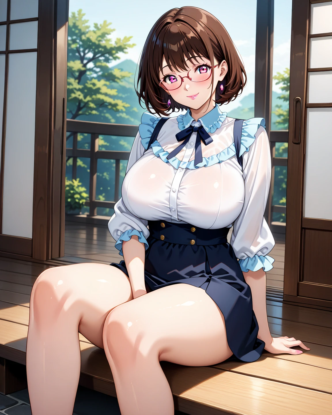 ((Table t○p, Highest quality, High Resolution、Anime Screen Capture、Pixel Perfect, 8K)))、Perfect Anat○my、((((Muscular))))、(((Huge breasts、Wide Hips、Wide thighs)))、(Skirt Lift)、((White Panties、White Sleeveless Shirt、Blue Mini Skirt))、((vapor、Sweat)), vap○r,(Green Eyes)、((Bobcut、Brown Hair)), ((:or))、Glasses、(Embarrassing、blush)、(Night in the city)、from the front