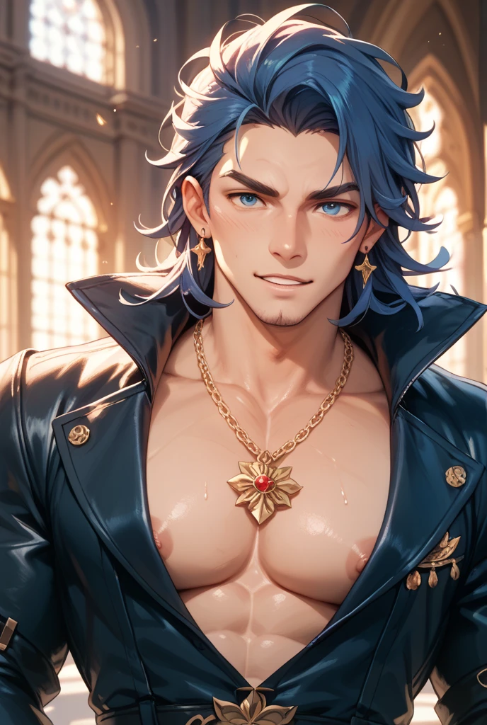 absurdres, highres, ultra detailed, HDR, master piece, best quality, Wriothesley, black hair, expressive blue eyes, Genshin Impact, solo, sexy man, handsome, horny, lewd, black priest robes, accessories, showing the chest, cross necklace, priest, white gloves, fantasy, magical, white roses, white petals, blue sky, church, Nu Carnival
