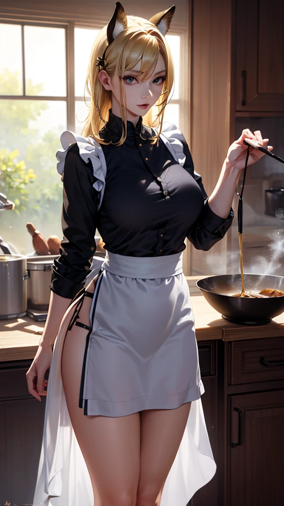 Melancholy lighting, Take it easy, calm, shine, masterpiece, best quality, 1 girl, (JinxLol: 1.2), (ultra photorealistic: 1.3), (masterpiece: 1.4), best quality, ((realistic)), high quality, Ultra Detailed, ((real image)), ((realistic skin)), ((realistic face)), (illustration: 1.05), (beautiful: 1.05), (beautiful detailed eyes: 1.05), (cinematic light: 1.1), full body, accurate proportions, 25-year old girl, CURVY model (wearing sexy chef outfit :1.7), (exposing big boobs:1.8),( holding a pan: 1.9), (luxury modern kitchen surroundings:1.4), DOUBLE waves, BLOND hair fluttering in the wind, long legs, slightly open feet, butt, blushing, shyness, clavicle, abs, double texture, beautiful and delicate face, fair skin, real skin, (face detail), couples, super high res, 8k, parameters Best quality, masterpiece, super high res, (Realistic 2.0), more details, detailed skin, wide smile, white teeth, VOLUMINOUS GINGER BLONDIE hair, perfect and well-drawn eyes, girlfriend, cute, pretty, studio illumination, (((PERFECT EVEN EYES:1.3)))