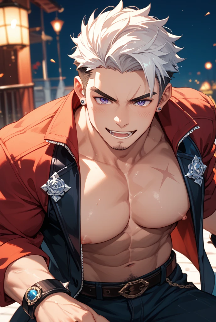 A beautiful anime-style boy with a well-defined sixpack, perfect facial features, detailed eyes, sharp jawline, piercing gaze, intricate hair, glowing skin, dynamic pose, dramatic lighting, vibrant colors, cinematic composition, intricate details, highly detailed, 8k, photorealistic, masterpiece