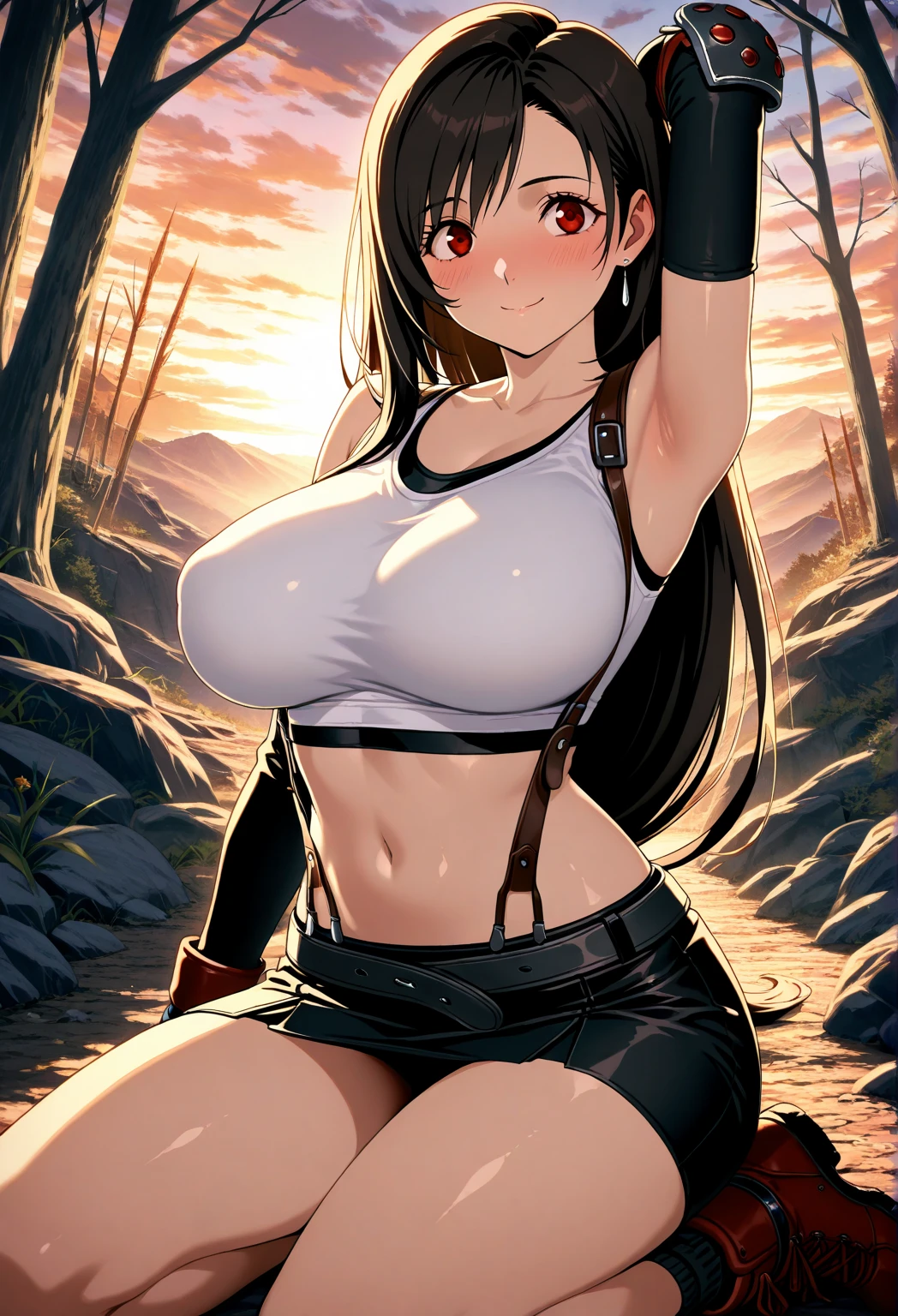 score_9, score_8_up, score_7_up,,8k,rating_safe BREAK ,(source_anime).from side:1.2,side view,breast focus,standing,,(arms up,arms behind head.),,(upperbody),looking_at_viewer ,1girl, tifa lockhart, final fantasy, tareme,black hair, low-tied long hair, red eyes, bangs, (white tank top, belt, pleated skirt, thighhighs, elbow fingerless gloves, elbow pads, midriff, navel,suspender skirt) ,large_breasts,(light smile),,,Solo,,(daytime and cafebar),(slender_waist:1.3),(best quality),(aesthetic,very aesthetic),,,highly detailed,,depth of field,