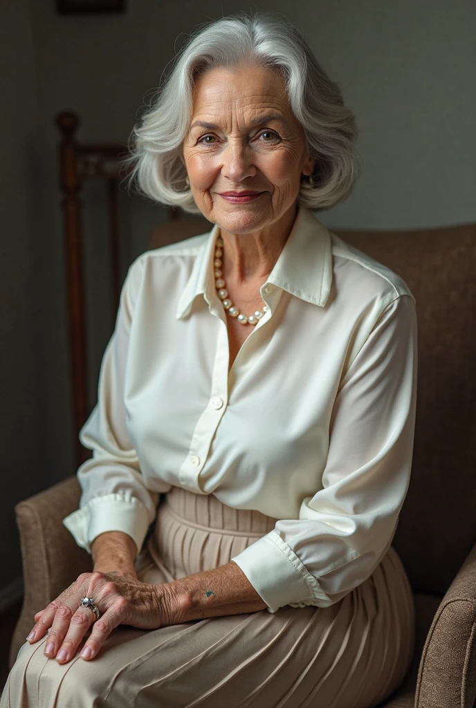 An older grey-haired lady with skirt and white blouse with lace smiling