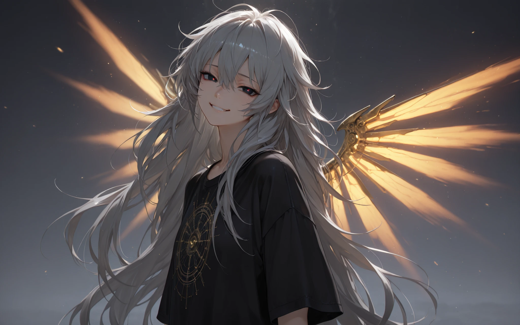 by [arknights|(748cmstyle:0.77)], god rays, cinematic shot, dramatic lighting, young adolescent, ager, young, masterpiece, best quality, amazing quality, very aesthetic, high resolution, ultra-detailed, absurdres, manwha, extreme detail, 
1girl, solo, alone, (upper body focus, side shot, medium shot:1.2),cosmic wings, nuclear wings, cosmic portals, glowing eyes, cosmic eyes,  nuclear magic, nucleus, massive cosmic power, cosmic apocalypse ,hair between eyes, narrowed eyes, tsurime, cute expression, oversized sleeves, black eyes, gray hair, brooch, messy hair, goddess, very long hair, loose t-shirt, divine aura, cocky smirk, arrogance, soft eyes, head tilt,  BREAK, depth of field, volumetric lighting, (((glitchy, distortion, chromatic aberration))), scenery, 
 