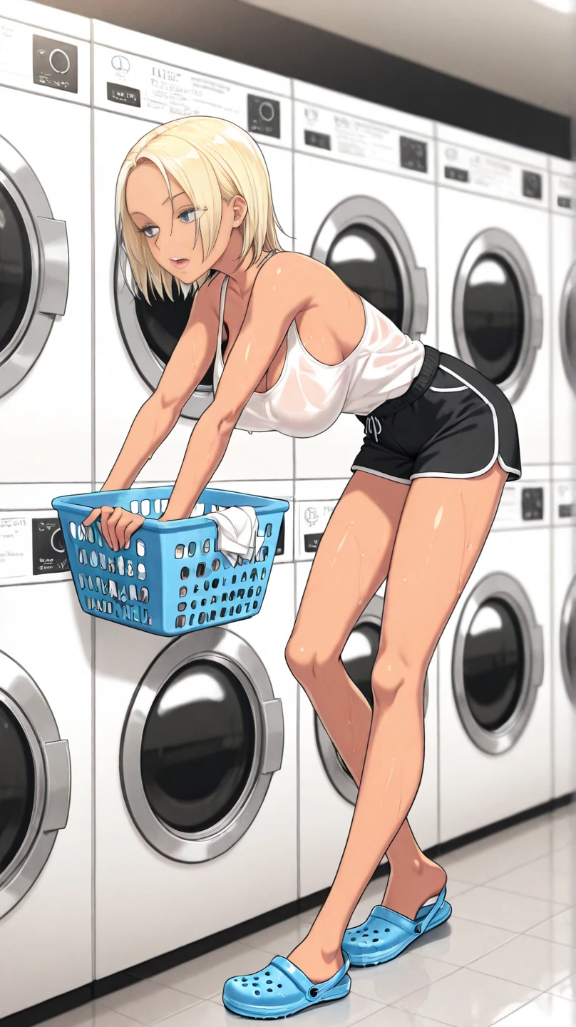 1girll,Masterpiece, Best quality, high resolution, high resolution, Blonde, Bob, Brown eyes, Dull bangs, Thin eyebrows, White skin, college girl, dress, skirt fluttering in the wind, Socks, Cowboy shot, ((thin white thin panties)), sliding down panties, legs are open, (legs are open), crouched, Kneeling, Standing knees, From below, focus on hips, (A lot of sweat), Drooping eyes, ( Beautiful detailed eyes), very embarrassed, troubled look, cute girl stuck in the washing machine , Solo, White hair, belly, Blush, Sexy, slutty,showing wet ass, Slim waist, big nudity, Medium breasts, Pubic Area Showing, girl with blonde short and wet hair, short transparent dress ,  (Perfect body : 1.1), (Young), (Short wavy hair:1.2), Full body shot , (Extremely detailed CG 8k wallpaper), (An extremely delicate and beautiful), (Masterpiece), (Best quality:1.0), (超A high resolution:1.0), Beautiful lighting ,Perfect lightning, Realistic shadows, [A high resolution], Detailed skin, Ultra-detailed, Slim body) ,  Realistic face, Realistic eyes , fine collar bone, soft navel, soft midriff, Soft back, Angle from Above, Sweaty, Beautiful breasts