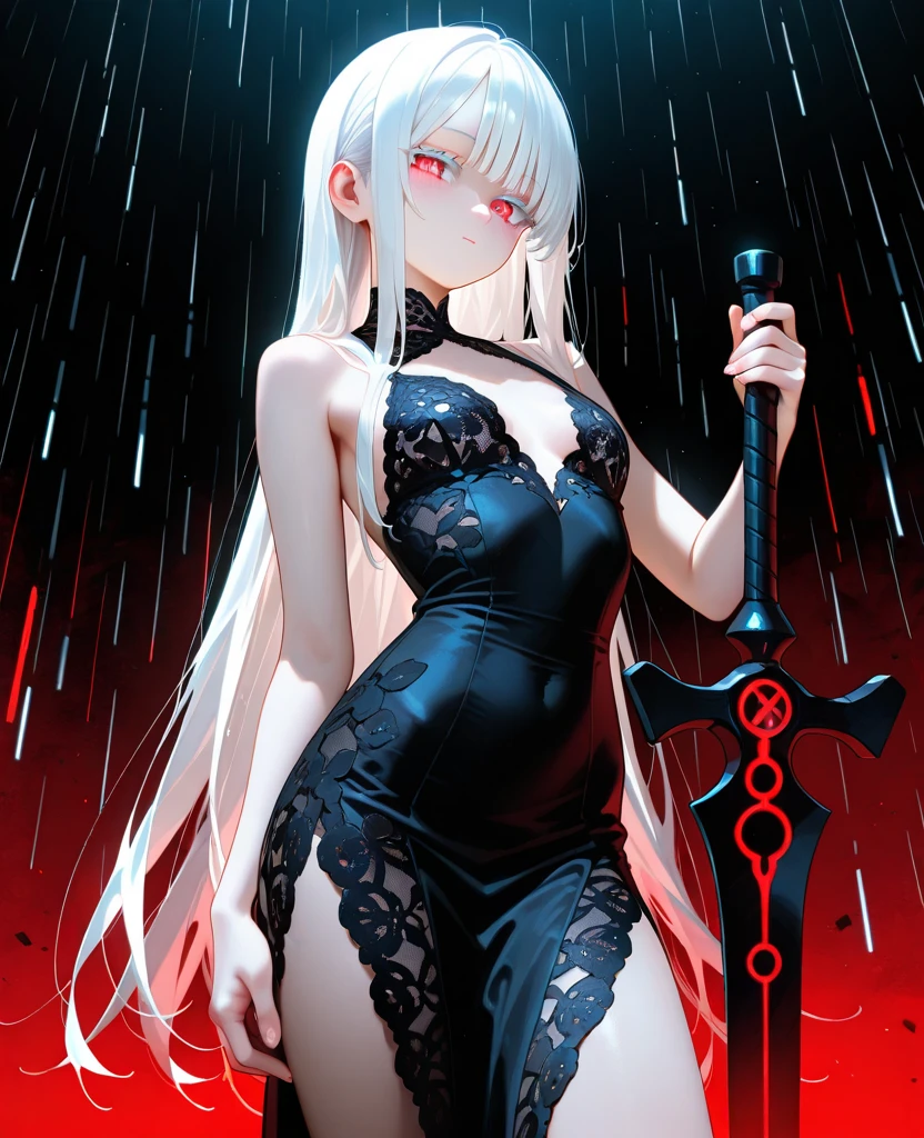 masterpiece, best quality, 8K, Digital painting, 1 girl, solo, stand up, youth, White hair, long white hair, red eyes, round pupils, blushing, One-piece bikini, tight latex one piece bikini, Highlight her graceful figure, wrap the whole body, Black latex bikini, Blood-red eyes, best quality, High resolution, Super detailed, Vivid textures, tight latex bikini, Bangs, (cleavage), ((sfw))