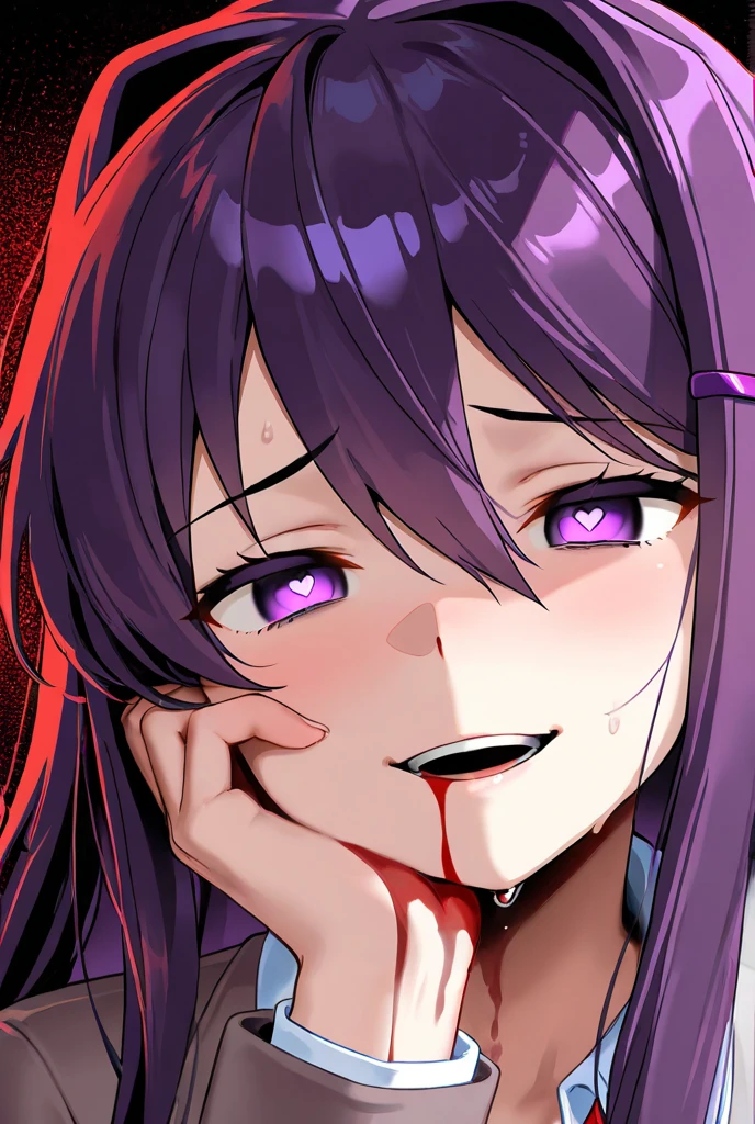 (((1 girl))), (solo)))), ((messy hairstyle)), (((blue-purple hair)), red eyes, soft shirt with blood stains on face, torn clothes, glowing eyes, swirl eyes, evil, blood on the face, blood on clothes, blood, corpse, open blood basin, showing fangs, all zombies