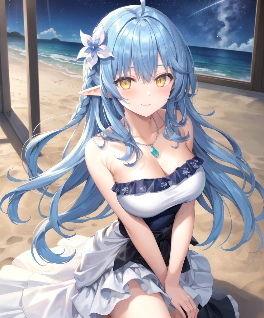 masterpiece, best quality, 1 solo girl, white hair, purple eyes, wavy hair, long hair, medium breasts, mature body and face, white bikini, jewelry, hair ornament, earrings, ball, lying at the sand, white sand, summer, cowboy shots, sexy pose, dakimakura, detailed body, face, and eyes, sharp focus, vibrant, creative, dynamic, high definition, high resolution, 8k, (Upscale: R-ESRGAN 4x+ Anime6B), (Image enchance:4x), voluptuous body, summer girl,