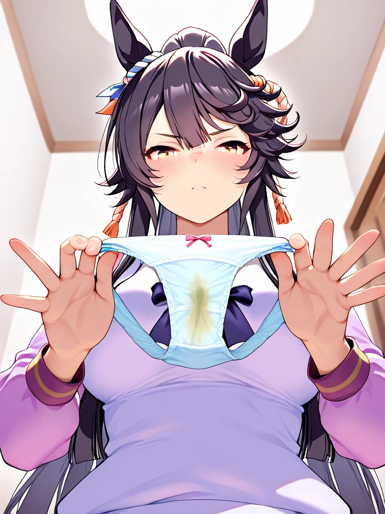hyakkihime,1girl,black kimono,, ponytail, purple eyes,(petite:1.2),(blushing), (ahegao), (climax), (futanari), (erect penis), (ejaculation), (sperm flying all over the body), (watery eyes), (tongue out), (dark sperm)