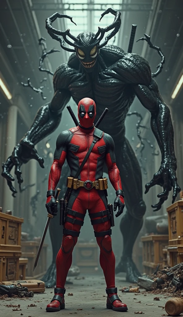 Spider standing with deadpool holding a sword